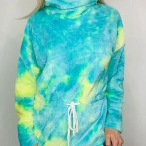 Teal & Lime Tie-Dye Plush Fleece Cowl Neck Pullover – Cozy Lounge Top